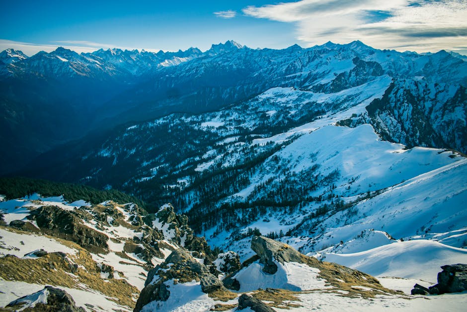 A breathtaking view of the snow-covered Himalayan mountain range under a clear blue sky.