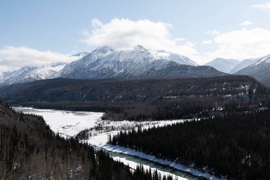 Stunning aerial view of snowy mountains and river in Alaska under clear skies.